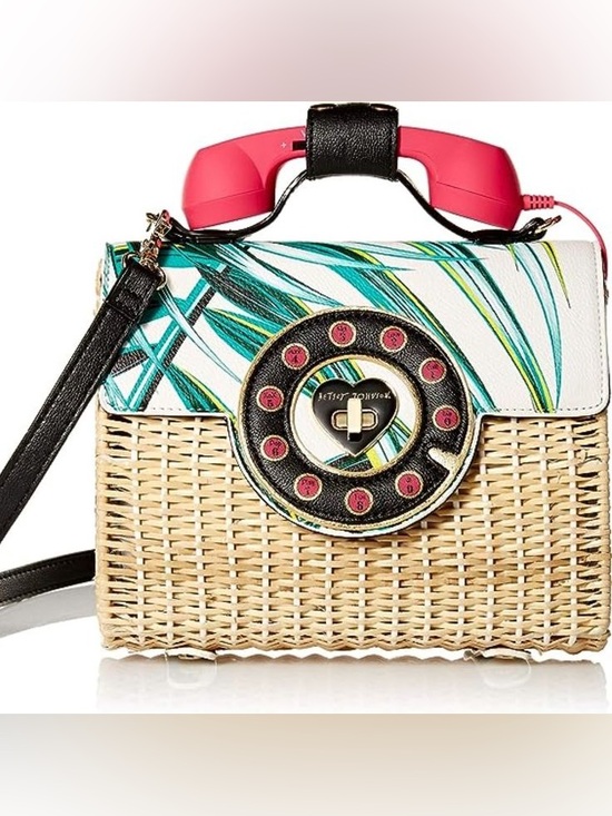 Betsey Johnson Handbags - 🤩 Adorable Betsey Johnson Pink Phone Dial Wicker Crossbody with Teal Leaf Flap